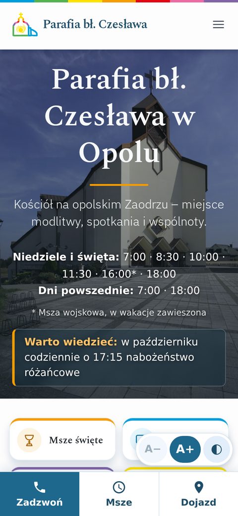 Strona parafii w telefonie: na dole przyciski Zadzwoń, Msze, Dojazd